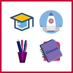 4 school icon. Vector illustration school set. startup and mortarboard icons for school works