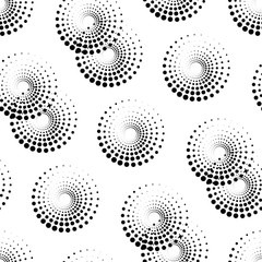 Abstract Seamless Black and White Pattern with Circles. Spotted Halftone Spirales. Raster Illustration