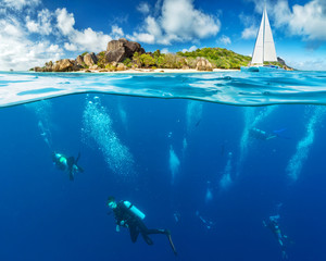 Under and above water surface view of divers.