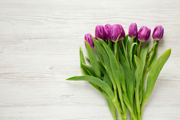 Purple tulips on white wooden background, top view. Flat lay, overhead, from above. Copy space.