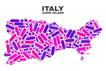 Mosaic Capri Island map isolated on a white background. Vector geographic abstraction in pink and violet colors. Mosaic of Capri Island map combined of scattered round dots and lines.