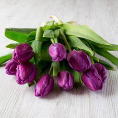 Fototapeta premium Purple tulips on white wooden background, side view. Close-up.