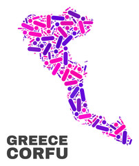 Mosaic Corfu Island map isolated on a white background. Vector geographic abstraction in pink and violet colors. Mosaic of Corfu Island map combined of scattered round dots and lines.