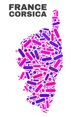 Mosaic Corsica map isolated on a white background. Vector geographic abstraction in pink and violet colors. Mosaic of Corsica map combined of scattered circle dots and lines.