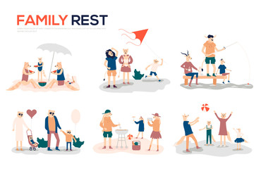 Cartoon mother, father and children sunbathing, walking, swimming, fly a kite, fishing, preparing barbecue together. Collection of family outdoor recreational activities vector illustration
