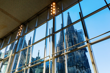 Cologne Cathedral viewed through the glass front of the main station