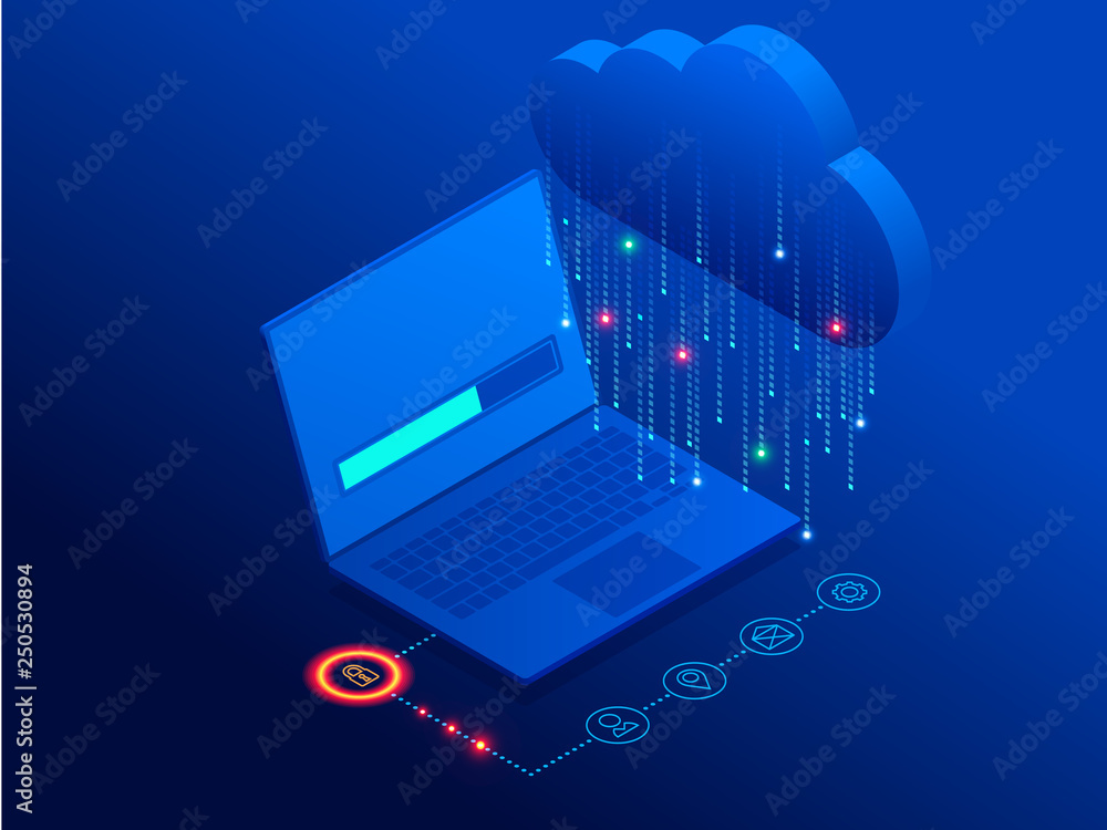 Poster isometric modern cloud technology and networking concept. web cloud technology business. internet da