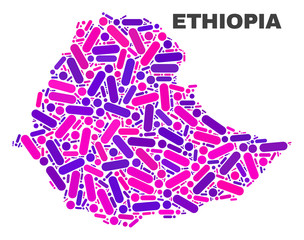 Mosaic Ethiopia map isolated on a white background. Vector geographic abstraction in pink and violet colors. Mosaic of Ethiopia map combined of scattered round points and lines.