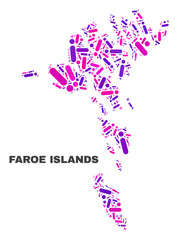 Mosaic Faroe Islands map isolated on a white background. Vector geographic abstraction in pink and violet colors. Mosaic of Faroe Islands map combined of scattered circle dots and lines.