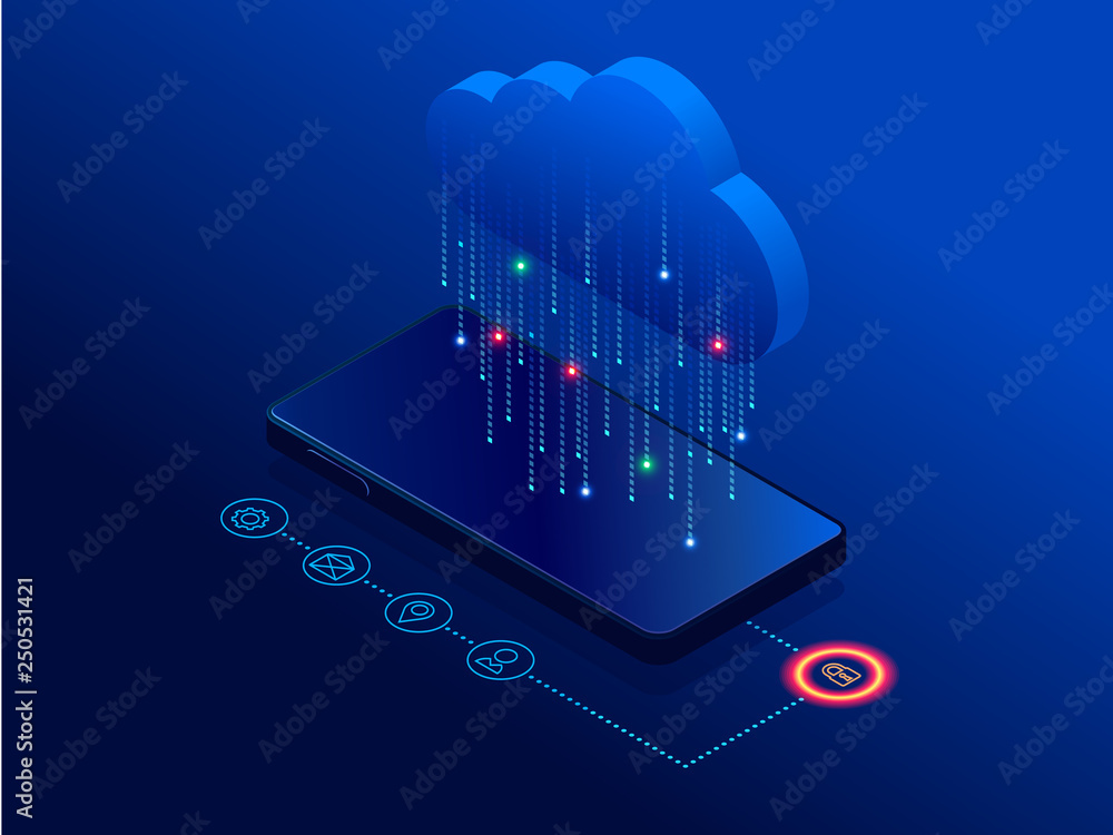 Poster isometric modern cloud technology and networking concept. web cloud technology business. internet da