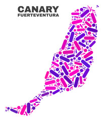 Mosaic Fuerteventura Island map isolated on a white background. Vector geographic abstraction in pink and violet colors.
