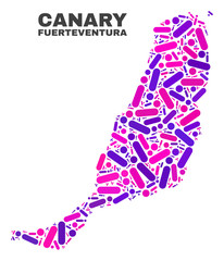 Fototapeta premium Mosaic Fuerteventura Island map isolated on a white background. Vector geographic abstraction in pink and violet colors.