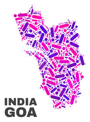 Mosaic Goa State map isolated on a white background. Vector geographic abstraction in pink and violet colors. Mosaic of Goa State map combined of scattered circle dots and lines.