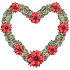 Heart shaped wreath  made of red passionflower and red and green exotic leaves. Hand drawn watercolor illustration.