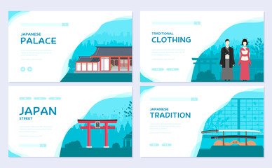 Set of Japan country ornament travel tour concept. Traditional Asia brochure card set.  Ethnic template of flyear, web banner, ui header, enter site. Layout invintation modern slider