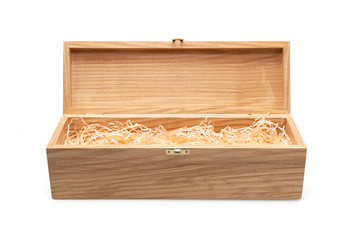Wooden wine gift box with a filler isolated on white