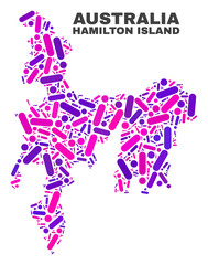 Fototapeta na wymiar Mosaic Hamilton Island map isolated on a white background. Vector geographic abstraction in pink and violet colors. Mosaic of Hamilton Island map combined of random circle points and lines.