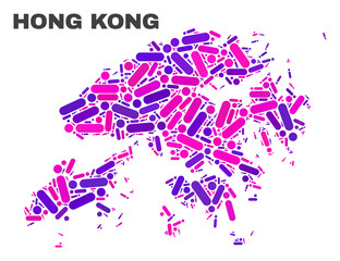 Mosaic Hong Kong map isolated on a white background. Vector geographic abstraction in pink and violet colors. Mosaic of Hong Kong map combined of scattered circle dots and lines.