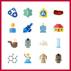16 factory icon. Vector illustration factory set. belt and coat icons for factory works