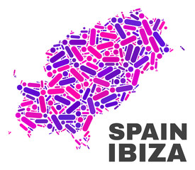 Mosaic Ibiza Island map isolated on a white background. Vector geographic abstraction in pink and violet colors. Mosaic of Ibiza Island map combined of scattered round dots and lines.