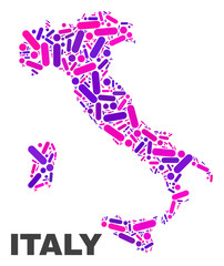 Mosaic Italy map isolated on a white background. Vector geographic abstraction in pink and violet colors. Mosaic of Italy map combined of scattered round dots and lines.