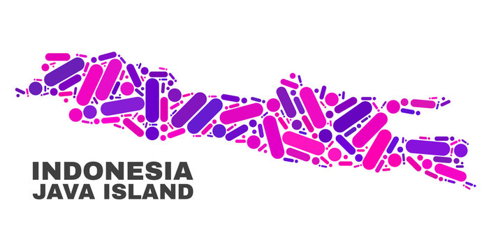 Mosaic Java Island map isolated on a white background. Vector geographic abstraction in pink and violet colors. Mosaic of Java Island map combined of scattered circle dots and lines.