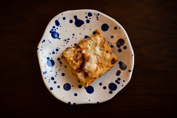 slice of lasagna served on a plate