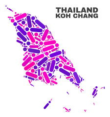 Fototapeta na wymiar Mosaic Koh Chang map isolated on a white background. Vector geographic abstraction in pink and violet colors. Mosaic of Koh Chang map combined of random round dots and lines.