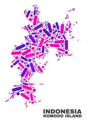 Mosaic Komodo Island map isolated on a white background. Vector geographic abstraction in pink and violet colors. Mosaic of Komodo Island map combined of random circle points and lines.