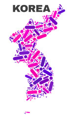 Mosaic Korea map isolated on a white background. Vector geographic abstraction in pink and violet colors. Mosaic of Korea map combined of scattered circle dots and lines.