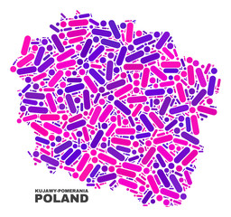 Mosaic Kujawy-Pomerania Province map isolated on a white background. Vector geographic abstraction in pink and violet colors.