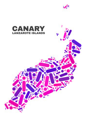 Mosaic Lanzarote Islands map isolated on a white background. Vector geographic abstraction in pink and violet colors. Mosaic of Lanzarote Islands map combined of random round points and lines.