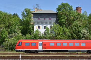 switch yard in Bayreuth, Bavaria, Germany, with train