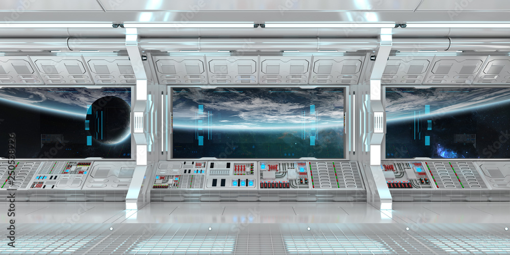 Poster white spaceship interior with large window view 3d rendering