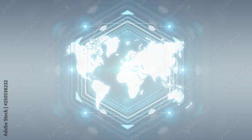 Poster Digital world map screen interface 3D rendering