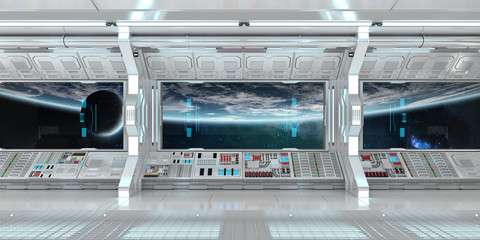 White spaceship interior with large window view 3D rendering © sdecoret