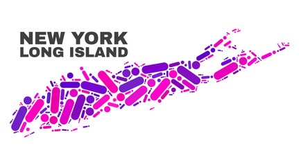 Mosaic Long Island map isolated on a white background. Vector geographic abstraction in pink and violet colors. Mosaic of Long Island map combined of scattered round dots and lines.