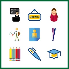 9 college icon. Vector illustration college set. library and colored pencils icons for college works
