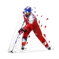 Hockey player, low polygonal ice skater in red jersey with puck, isolated vector illustration
