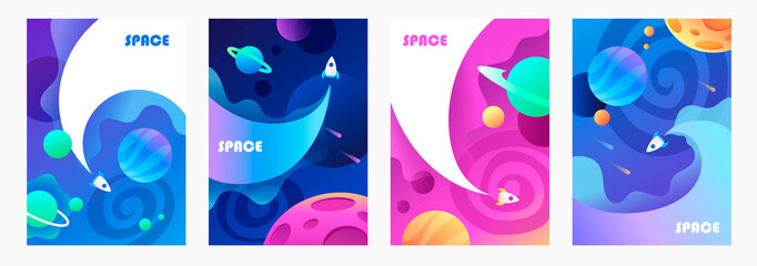 space explore. flying spaceship. set of vector cartoon banners. children's illustration.
