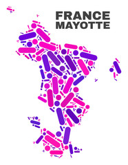 Mosaic Mayotte Islands map isolated on a white background. Vector geographic abstraction in pink and violet colors. Mosaic of Mayotte Islands map combined of random circle dots and lines.