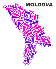 Mosaic Moldova map isolated on a white background. Vector geographic abstraction in pink and violet colors. Mosaic of Moldova map combined of scattered circle points and lines.