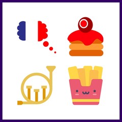 4 french icon. Vector illustration french set. french fries and french horn icons for french works