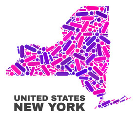 Mosaic New York State map isolated on a white background. Vector geographic abstraction in pink and violet colors. Mosaic of New York State map combined of scattered round points and lines.