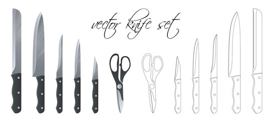 Set of kitchen knife, scissors and cutter. Linear set. Vector illustration. Scalable and editable colour.