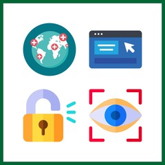 4 data icon. Vector illustration data set. worldwide and eye scan icons for data works