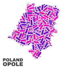 Mosaic Opole Voivodeship map isolated on a white background. Vector geographic abstraction in pink and violet colors. Mosaic of Opole Voivodeship map combined of random circle points and lines.