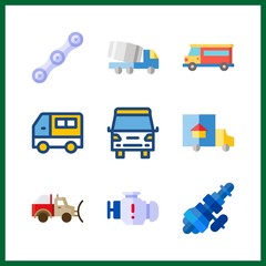 Fototapeta premium 9 truck icon. Vector illustration truck set. snowplow and trucks icons for truck works