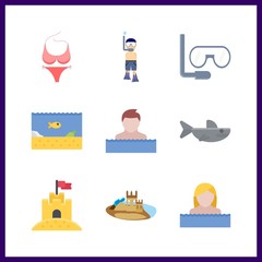 9 swimming icon. Vector illustration swimming set. sand castle and sea life icons for swimming works