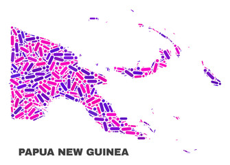 Mosaic Papua New Guinea map isolated on a white background. Vector geographic abstraction in pink and violet colors. Mosaic of Papua New Guinea map combined of random circle points and lines.